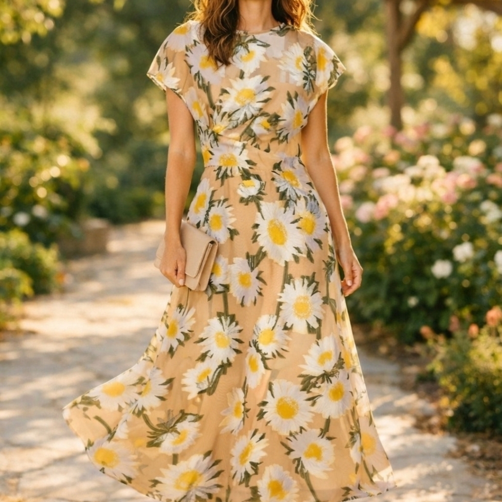 Lela Rose Sunflower Print Beige Midi Dress Boatneck Draped Bodice MSRP $1890 NWT - Picture 15 of 16